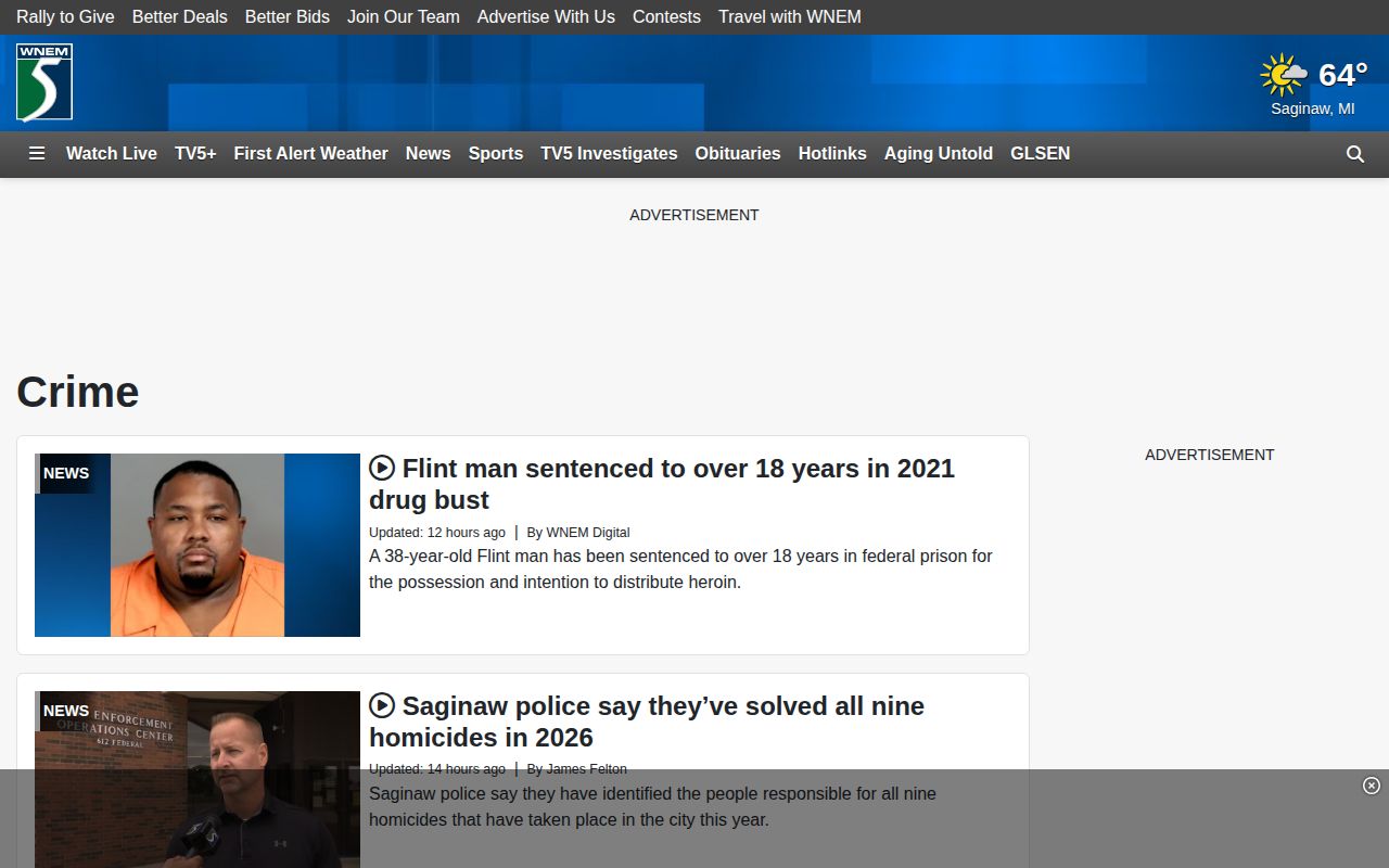 WNEM crime news section with Arenac County arrest coverage