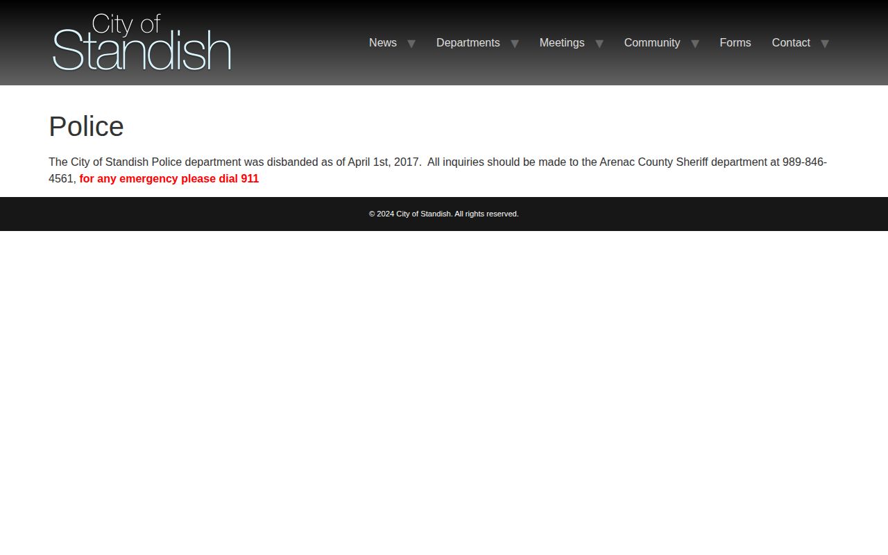 Official Standish page explaining the police department disbandment and sheriff routing